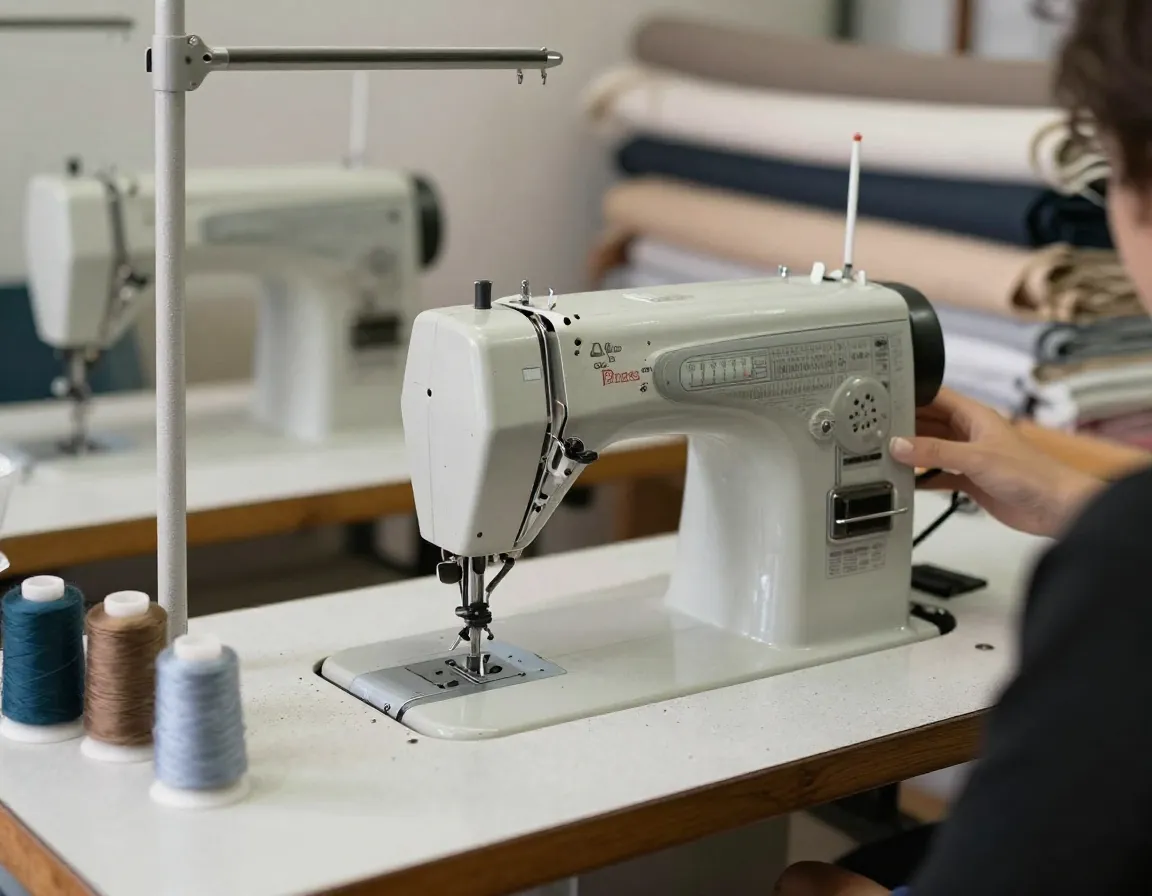 Professional sewing workspace with tools and materials